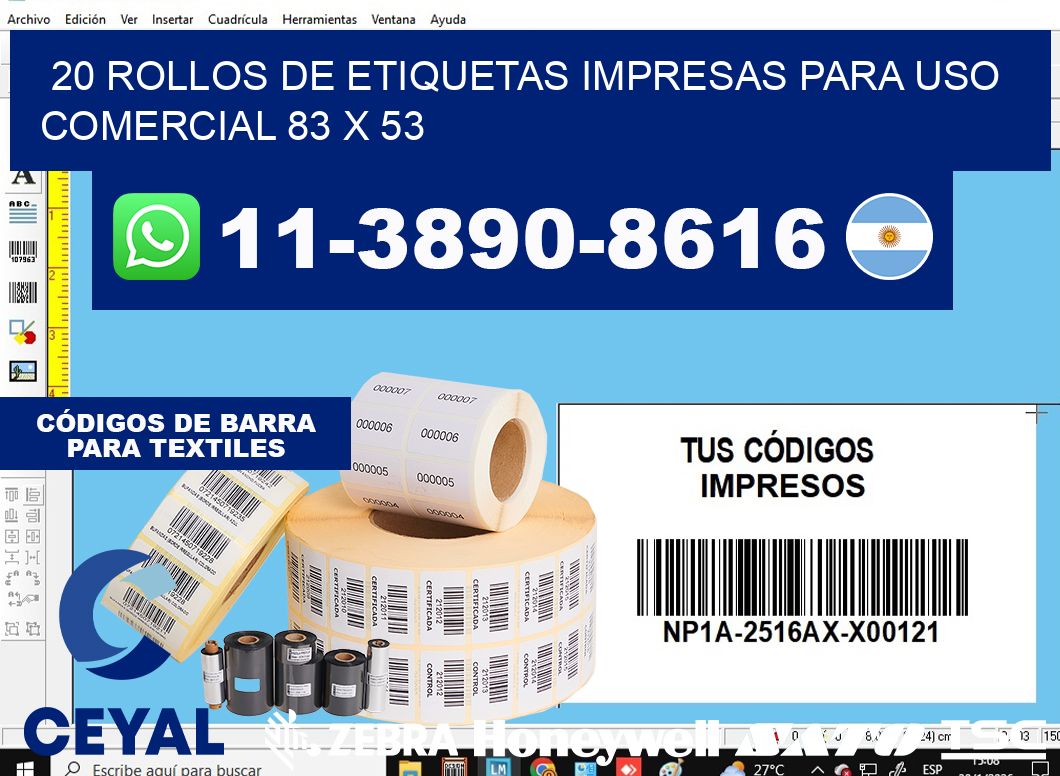 20 rollos de etiquetas impresas para uso comercial 83 x 53