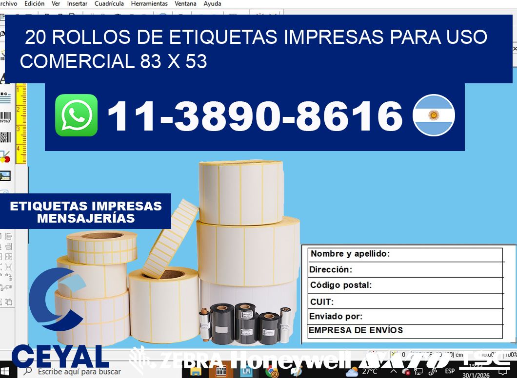 20 rollos de etiquetas impresas para uso comercial 83 x 53