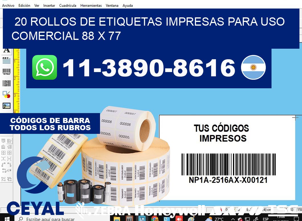 20 rollos de etiquetas impresas para uso comercial 88 x 77