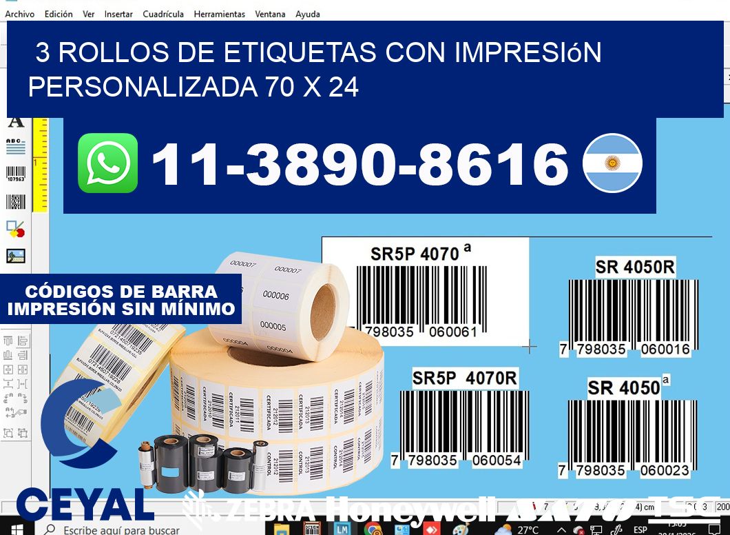 3 rollos de etiquetas con impresión personalizada 70 x 24