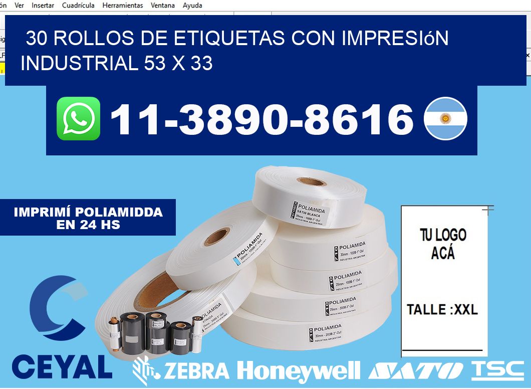 30 rollos de etiquetas con impresión industrial 53 x 33