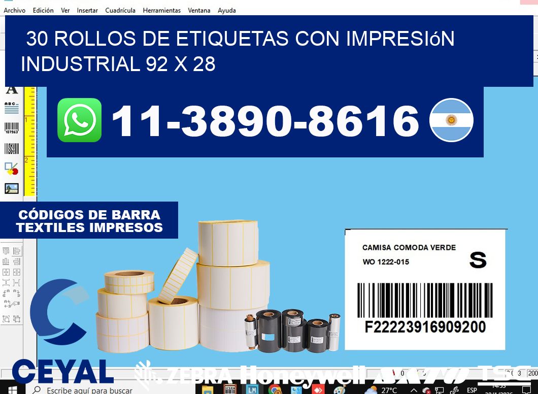 30 rollos de etiquetas con impresión industrial 92 x 28