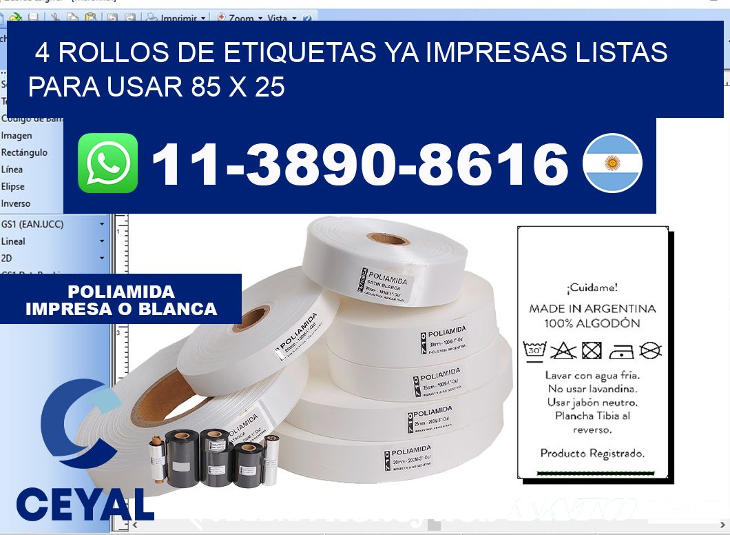 4 rollos de etiquetas ya impresas listas para usar 85 x 25