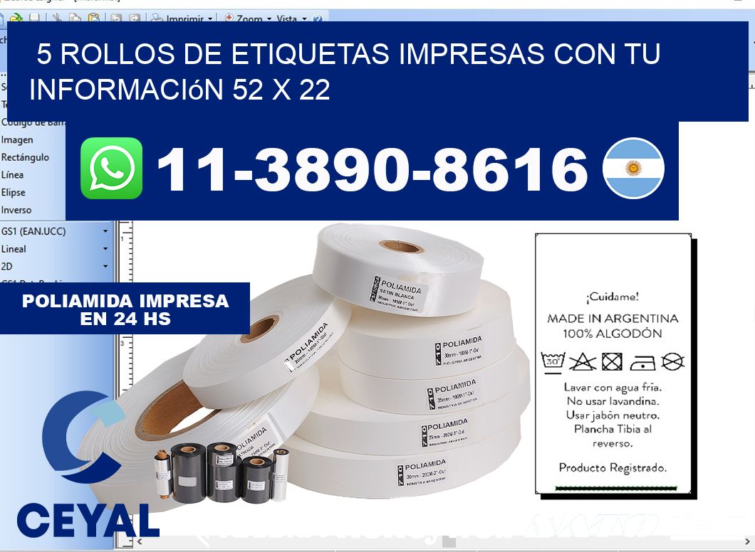 5 rollos de etiquetas impresas con tu información 52 x 22