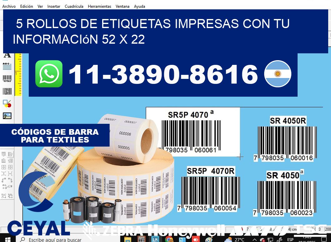 5 rollos de etiquetas impresas con tu información 52 x 22