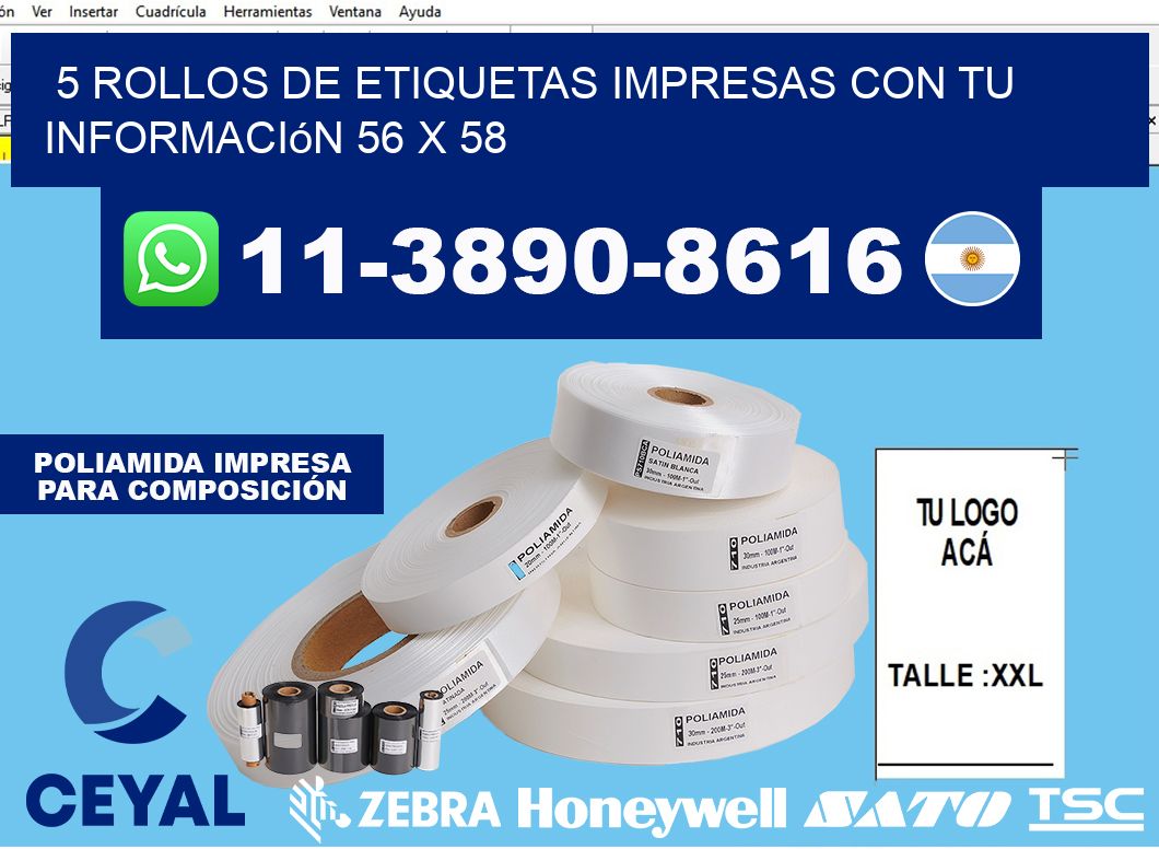 5 rollos de etiquetas impresas con tu información 56 x 58