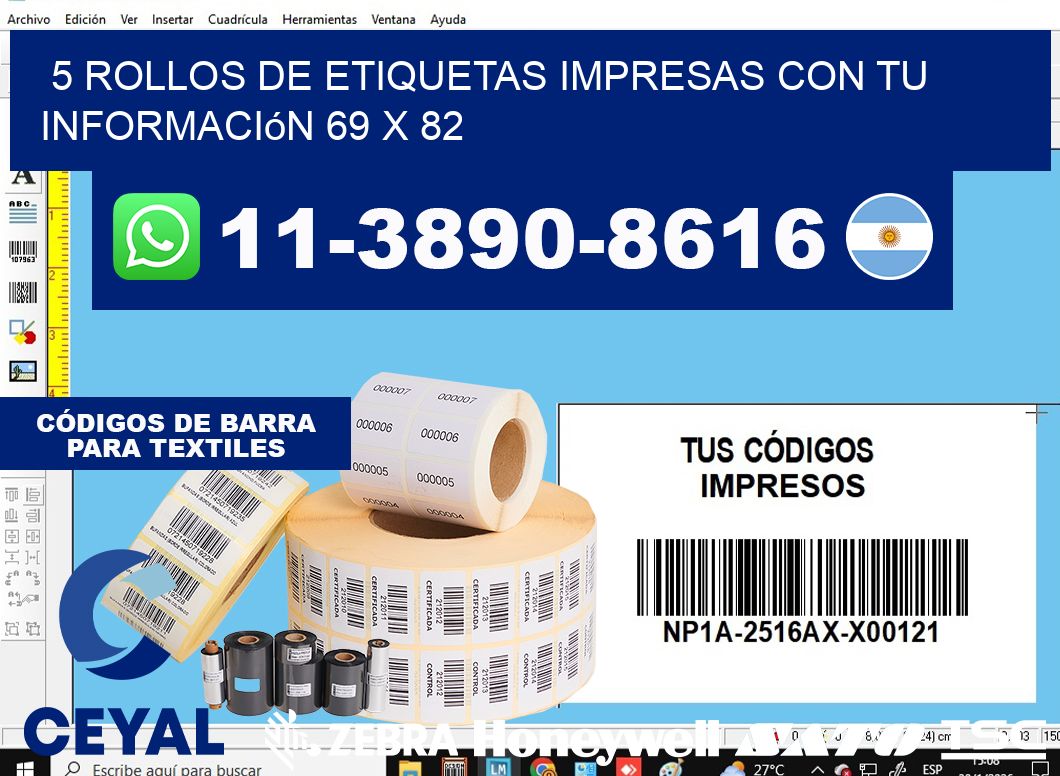 5 rollos de etiquetas impresas con tu información 69 x 82