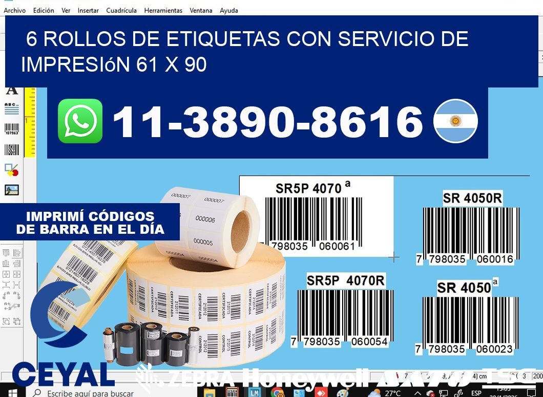 6 rollos de etiquetas con servicio de impresión 61 x 90