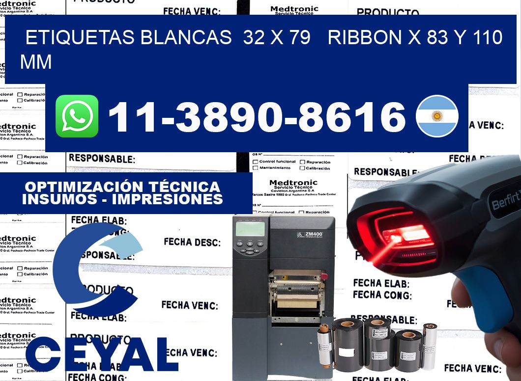 etiquetas blancas 32 x 79 ribbon x 83 y 110 mm