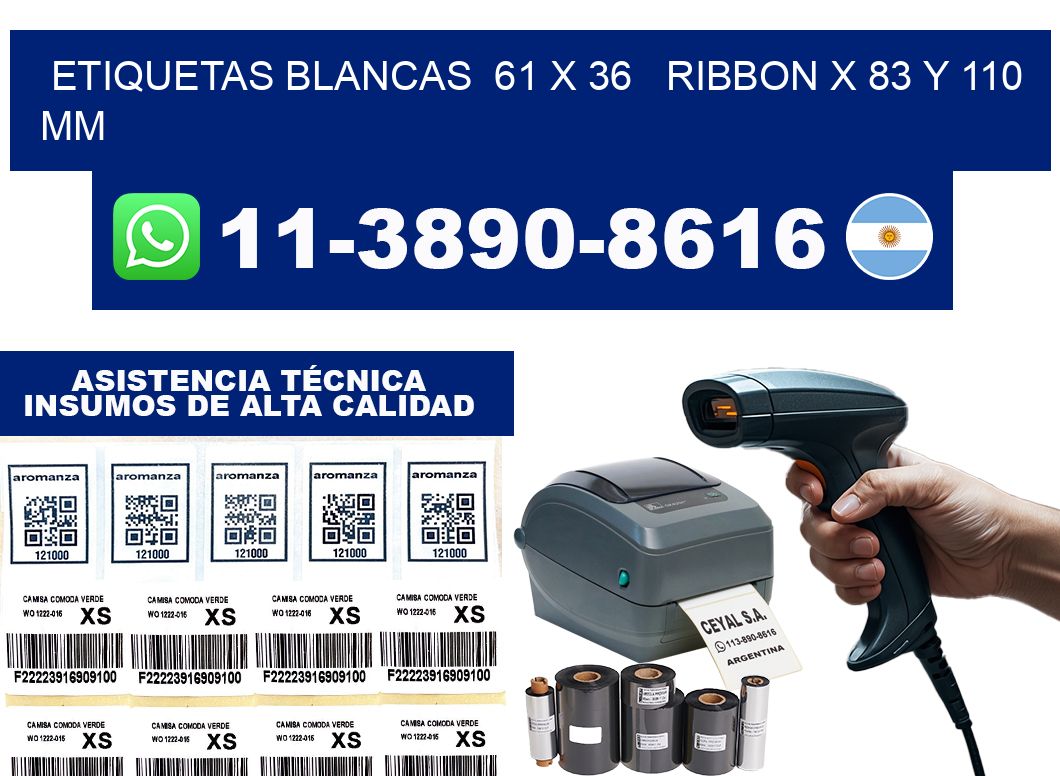 etiquetas blancas  61 x 36   ribbon x 83 y 110 mm