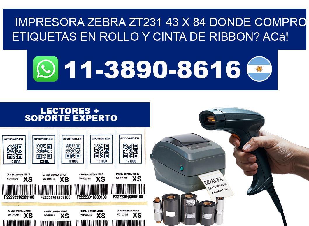 impresora zebra zt231 43 x 84 Donde compro etiquetas en rollo y cinta de ribbon? Acá!